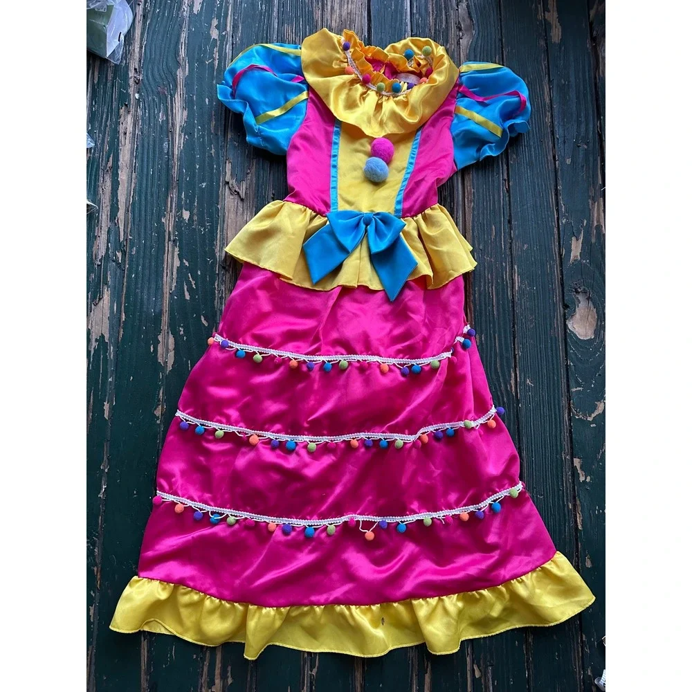 Relibeauty Kids Clown Costume Dress Pink Yellow Pom Pom Circus Halloween‎ 150